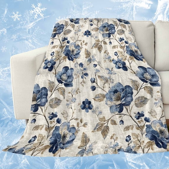 Blue Gray Spring Floral Cooling Blanket, Lightweight Breathable Summer Throw Blanket with Double Sided Cold Effect, Vintage Botanical Picnic Beach Blankets Bed Sheet for Hot Sleepers 60"x80"
