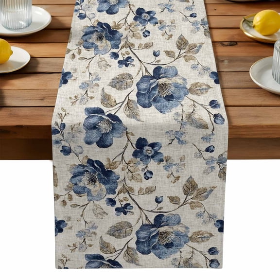 Blue Gray Spring Floral Cotton Linen Table Runner for Dining Kitchen, Vintage Botanical Wedding Outdoor Party Tablerunners Decoration, Dresser Scarf Coffee Tablecloth Runners 13x72 Inches