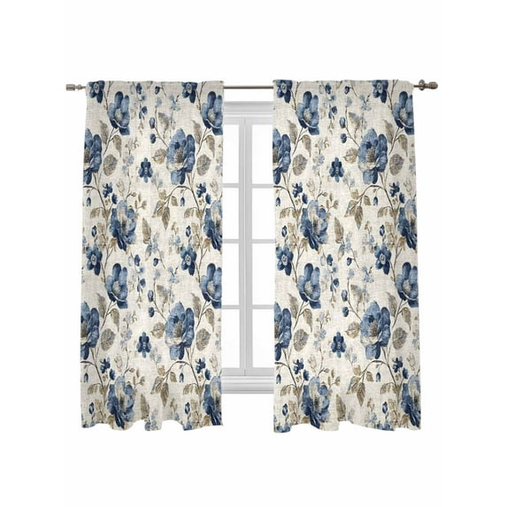 Blue Gray Spring Floral Curtains 72 Inch Length, Sheer Curtains for Bedroom Living Room Window Vintage Botanical Rod Pocket Voile Drapes Kitchen Curtains Small Half Window 52"x72" 2 Panels