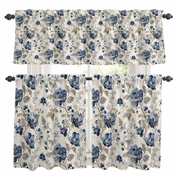 Blue Gray Spring Floral Kitchen Curtains, Vintage Botanical Kitchen Curtains and Valances Set of 3, Light Filtering Tailored Tier Curtain 36 Inch Length Drapes for RV Cafe Bathroom Bedroom