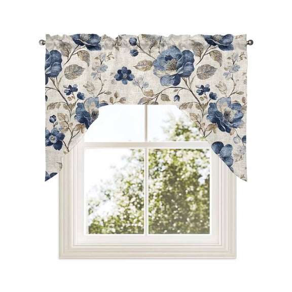 Blue Gray Spring Floral Kitchen Swag Valance for Window, Rod Pocket Short Kitchen Curtains&nbsp;36 Inch Length, Vintage Botanical Swag Topper Small Window Treatment for Cafe Bathroom Bedroom