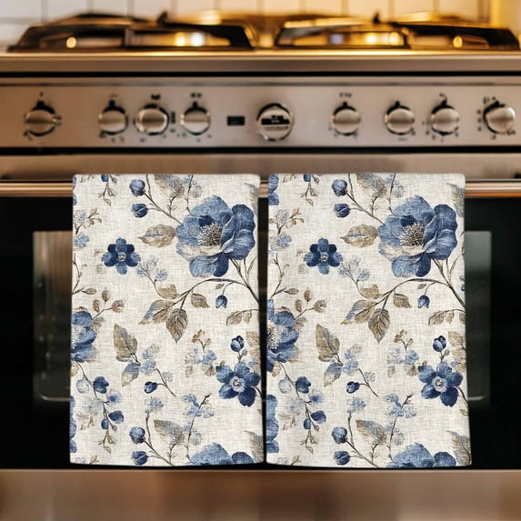 Blue Gray Spring Floral Kitchen Towels Set of 4, Vintage Botanical Absorbent Dish Towels for Kitchen, Microfiber Hand Towel, Quick Drying Tea Towel for Cleaning Decorative Dishcloths
