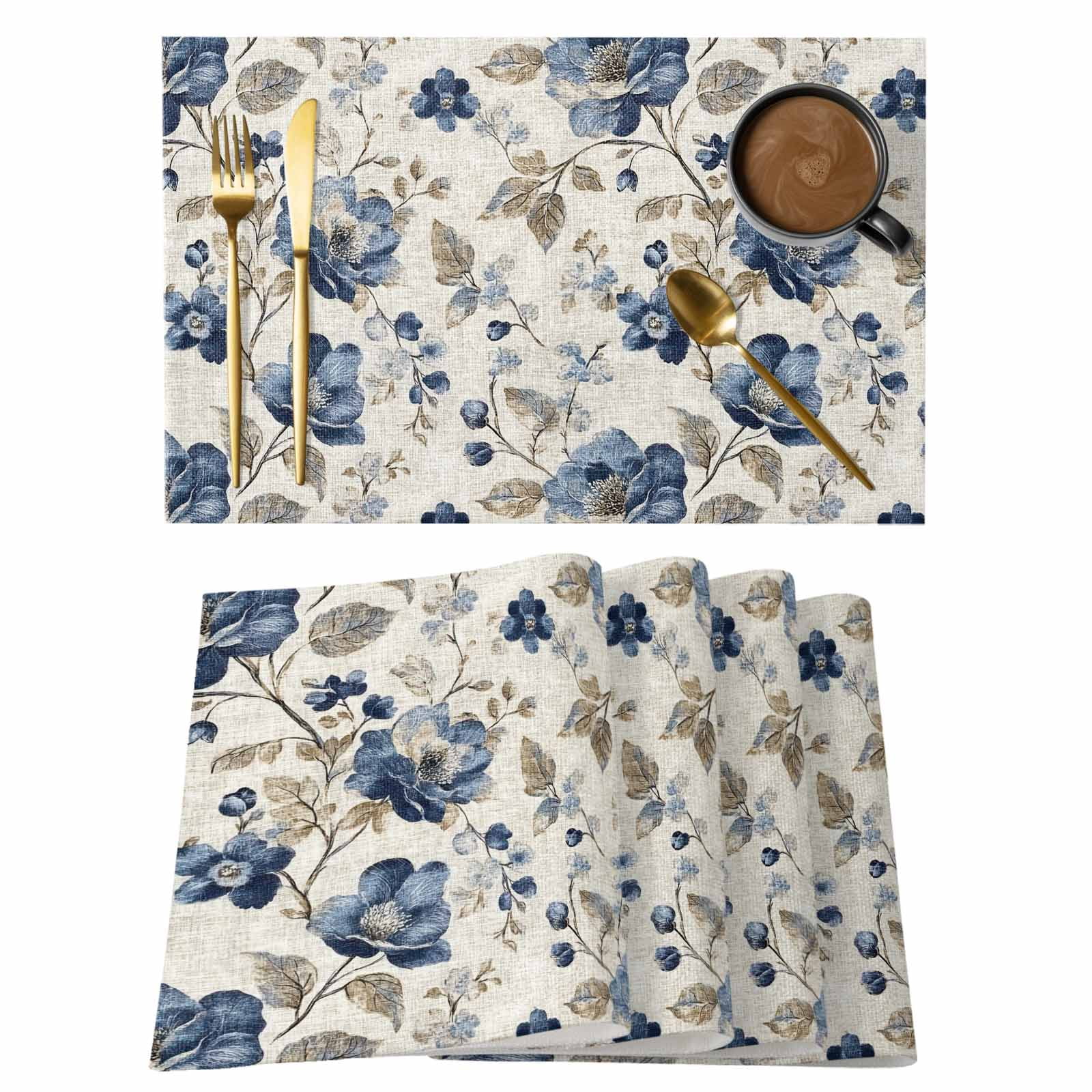 Blue Gray Spring Floral Placemats Set of 6, Cotton Linen Fabric Place ...