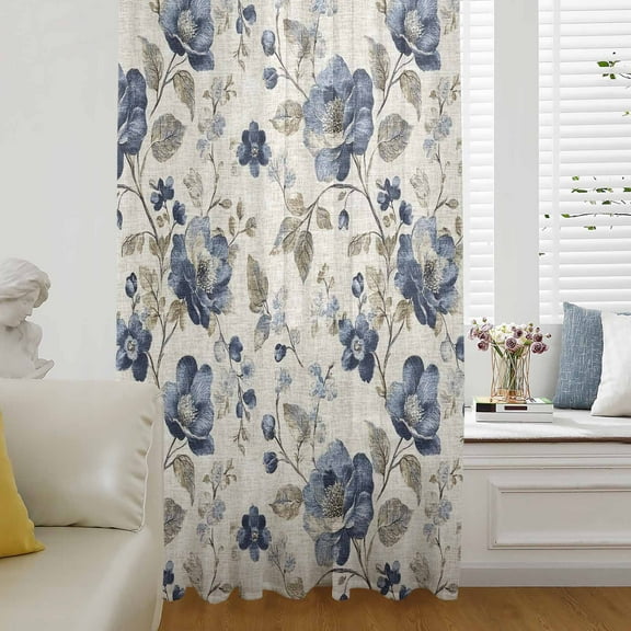 Blue Gray Spring Floral Semi Sheer Curtains Drapes for Living Room, Bedroom, French Doors Window 63 Inches Long, Vintage Botanical Rod Pocket Chiffon Curtain Drapery Voile Draperies Panel