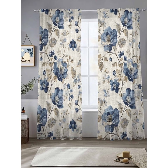 Blue Gray Spring Floral Sheer Curtains 2 Panels Set, 52" W x 84" L Vintage Botanical Leaf Farmhouse Light Filtering Rod Pocket Voile Drapes, Window Sheer Curtains for Living Room/Bedroom