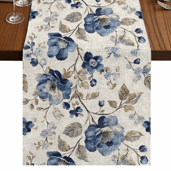 Blue Gray Spring Floral Short Table Runner 36 Inches Long, Vintage Botanical Cotton Linen Table Runners Dresser Scarves, Fabric Tabletop Scarf Furniture Cover for Home Dinner Party Decor 13"x36"