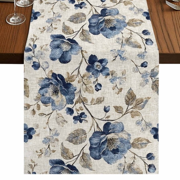 Blue Gray Spring Floral Short Table Runner 36 Inches Long, Vintage Botanical Cotton Linen Table Runners Dresser Scarves, Fabric Tabletop Scarf Furniture Cover for Home Dinner Party Decor 13"x36"