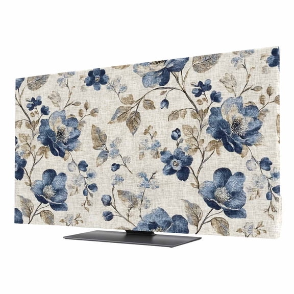 Blue Gray Spring Floral TV Dust Cover 24 Inch, Vintage Botanical Leaf Farmhouse Computer Monitor Cover Dustproof Stretchable Indoor TV Screen Protector for LED LCD Universal Monitors