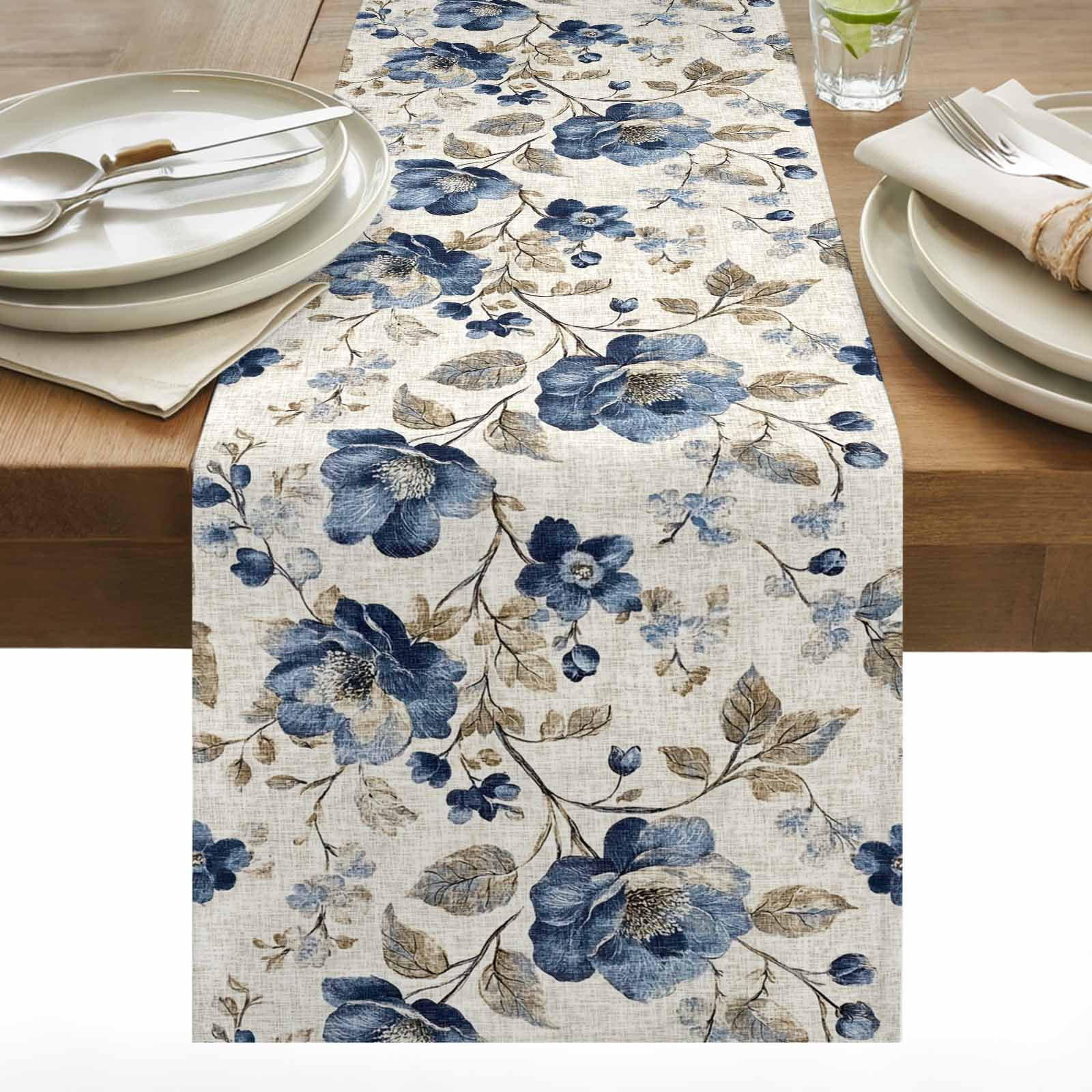 Blue Gray Spring Floral Table Runner 13x90 inch Vintage Botanical Leaf Farmhouse Cotton Linen Dining Table Runner Ideal for Dresser Kitchen Coffee Tables - Machine Washable