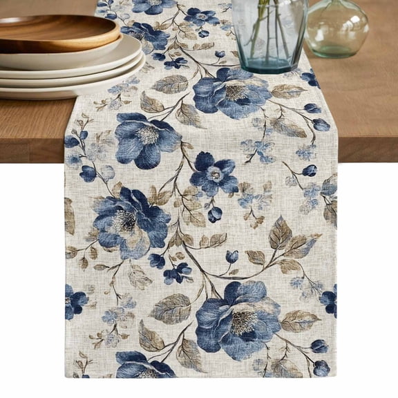 Blue Gray Spring Floral Table Runner, Vintage Botanical Washable Cotton Linen Table Runners 90 Inches Long, Dresser Scarf Runner for Dining/Coffee/Kitchen/Hallway Tables 13''x90''
