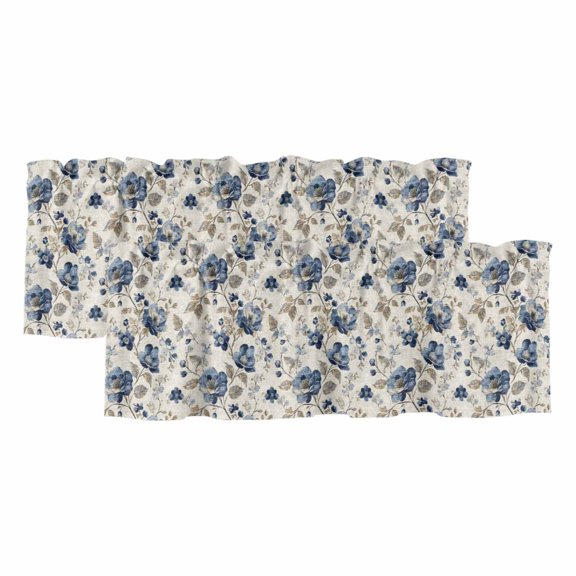 Blue Gray Spring Floral Valances for Windows, Light Filtering Kitchen Curtain Valances 2 Panels, Vintage Botanical Rod Pocket Short Window Treatments for Living Room Bedroom 42"Wx12"L