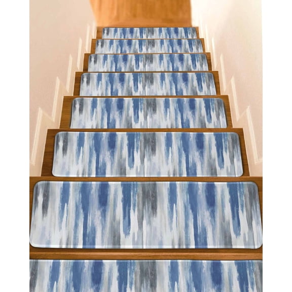 Blue Gray Stair Treads Non Slip Runners Rugs, 15 Pcs Carpet for Stairs with Adhesive, Modern Simple Abstract White Ombre Texture Stair Mats Pads Indoor Stair Treads for Wooden Steps 8"x30"