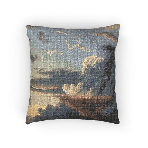 Blue-Gray Storm Cloud Sky Decorative Woven Pillow, Cotton-Polyester Shell, Muted Gold Horizon