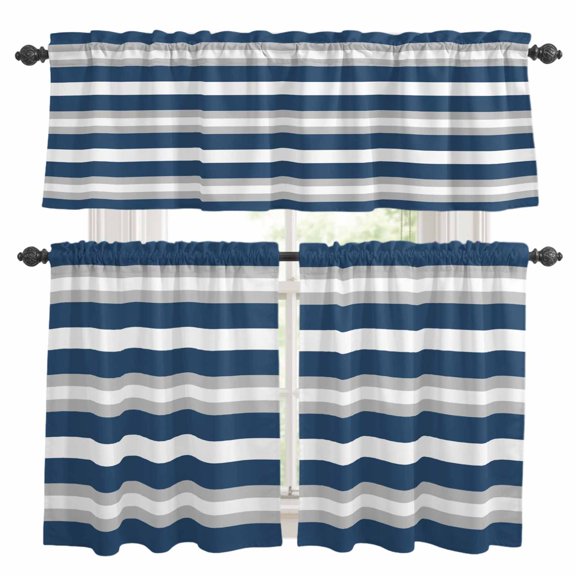 Blue Gray Stripe Kitchen Curtains Valances and Tiers Set of 3 Abstract Tier Curtains and Valance with Rod Pocket for Small Windows, 27.5"x24"