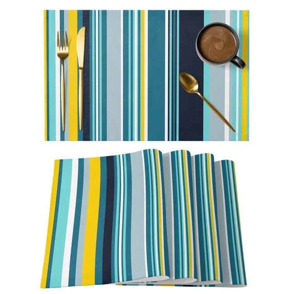 Blue Gray Stripe Placemats Set of 6, Modern Abstract Art Vertical Striped Placemats for Dining Table, Place Mats for Kitchen Tabletop, Waterproof Wipeable Dining Table Mats Set