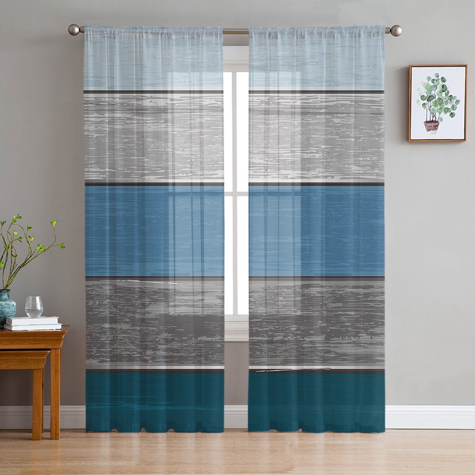 Blue Gray Striped Gradient Chiffon Sheer Curtains For Living Room