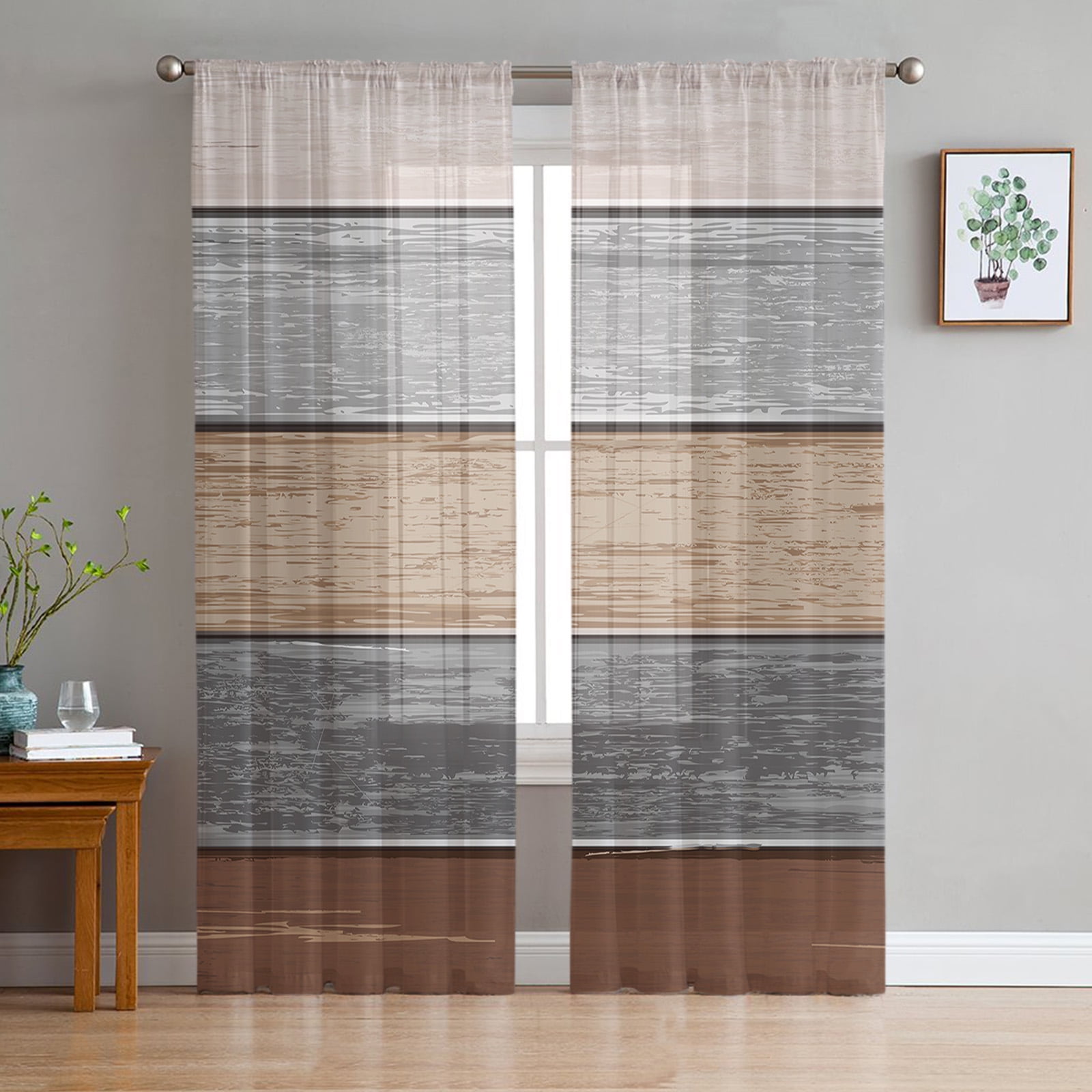 Blue Gray Striped Gradient Chiffon Sheer Curtains For Living Room