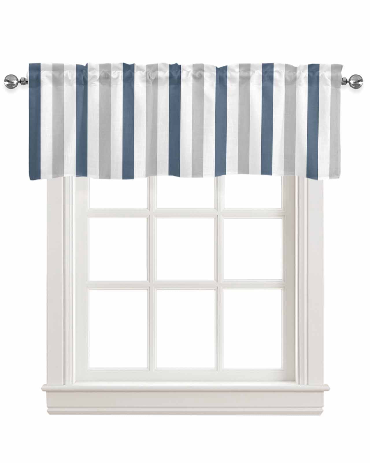Blue Gray Striped Kitchen Valances for Windows Farmhouse Linen Window Valance Curtain for Living Room Window Treatment Farmhouse Stripe Art Valance Rod Pocket Topper Drape, 54 x 18 Inch