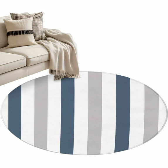 Blue Gray Striped Large Area Rugs for Bedroom Living Room, Soft Non Slip Carpet Bedside Rug, Farmhouse Stripe Art Round Floor Cover Kitchen Accent Rug 3' for Dining Room/Office