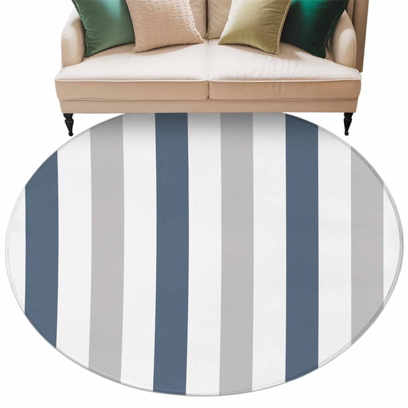 Blue Gray Striped Large Area Rugs for Bedroom Living Room, Soft Non Slip Carpet Bedside Rug, Farmhouse Stripe Art Round Floor Cover Kitchen Accent Rug 7' for Dining Room/Office