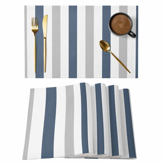 Blue Gray Striped Placemats Set of 4, Cotton Linen Fabric Place Mats, Farmhouse Stripe Art Washable Decorative Table Mats Protector for Home Kitchen Dining Wedding Party Coffee Tables