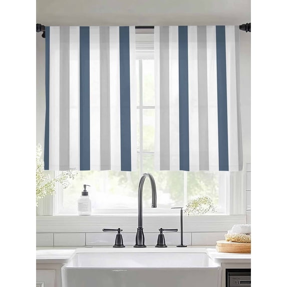 Blue Gray Striped Sheer Curtains for Living Room Bedroom Farmhouse Stripe Art Sheer Curtains 45 Inch Long 2 Panels Set Light Filtering Curtain Window Treatments Drapes for Dining Room