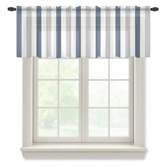 Blue Gray Striped Valance Curtains for Kitchen/Living Room/Bathroom/Bedroom Window, Rod Pocket Small Topper Half Short Window Curtains Voile Sheer Scarf, Farmhouse Stripe Art 60"x18"