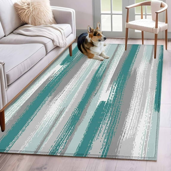 Blue Gray Stripes Area Rugs 2.7'x5', Washable Small Throw Rugs for Kitchen Bedroom, Watercolor Modern Abstract Minimalist Indoor Outdoor Rug Non-Slip Low Pile Carpet Runner Reversible Floor Mats