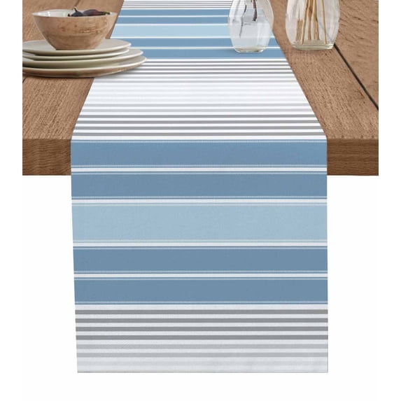 Blue Gray Stripes Burlap Cotton Table Runner 16x72 Inches Long, Contemporary Minimalist Abstract Lines Farmhouse Table Runners, Outdoor Dining Tablecloths Decor for Baby Shower/Party/Wedding