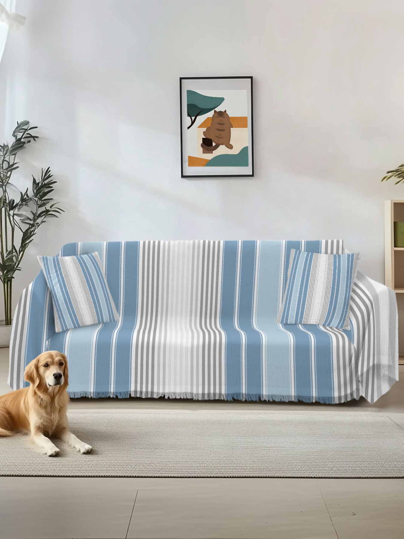Blue Gray Stripes Couch Cover, Contemporary Minimalist Abstract Lines Sofa Cover Blanket for 2 Seat Cushion,Sectional Sofa Slipcover Furniture Protector for Living Room Bedroom 71''x102''