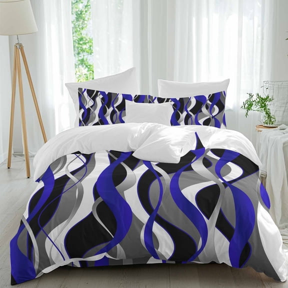 Blue Gray Stripes Full Size Comforter Set, Abstract Art Modern Geometric Curve Bedding for All Seasons, 4 Pcs Bed Set, 1Quiltcover (86"x86") ,1Sheet(80"x116"), 2Pillowcases (30"x20")