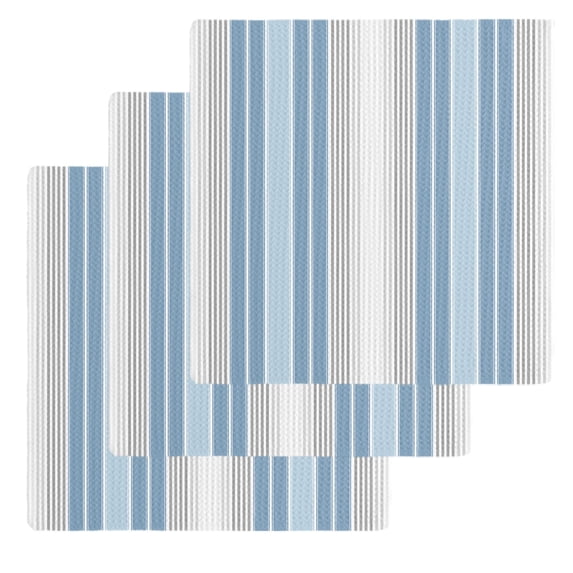Blue Gray Stripes Kitchen Dish Towels for Drying Dishes Set of 3, Contemporary Minimalist Abstract Lines Waffle Weave Microfiber Hand Tea Bathroom Towels Quick Dry & Absorbent Towel 12x12