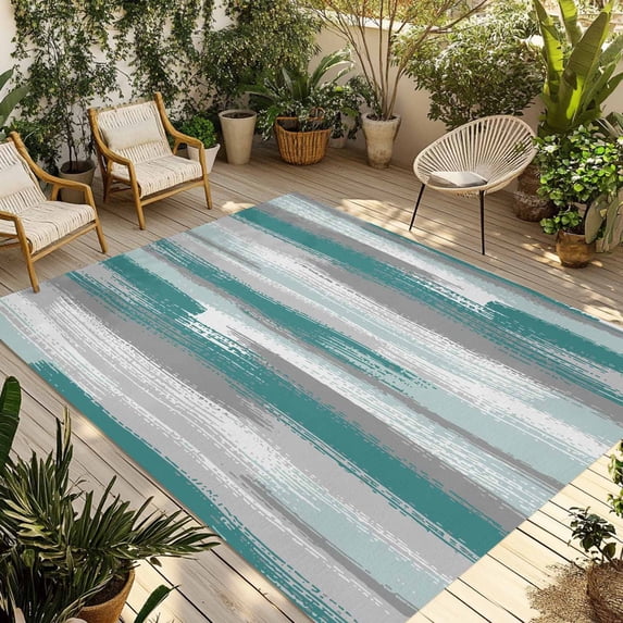 Blue Gray Stripes Outdoor Rug for Patio/Deck/Porch, Non-Slip Large Area Rug 5 x 7 Ft, Watercolor Modern Abstract Minimalist Indoor Outdoor Rugs Washable Area Rugs, Camping Rug Carpet Runner