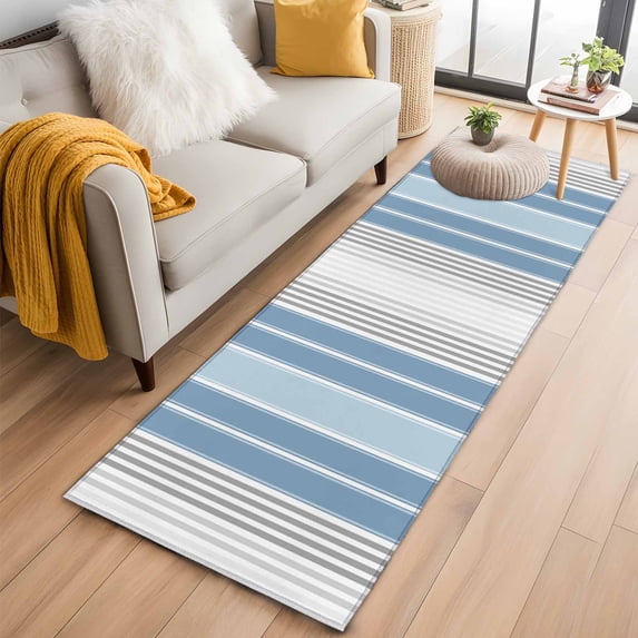 Blue Gray Stripes Runner Rug 2x6 FT,Non Slip Hallway Rugs,Contemporary Minimalist Abstract Lines Washable Soft Floor Carpet Throw Runner Carpet Long Rugs for Entryway Kitchen Bedside Sliding Door