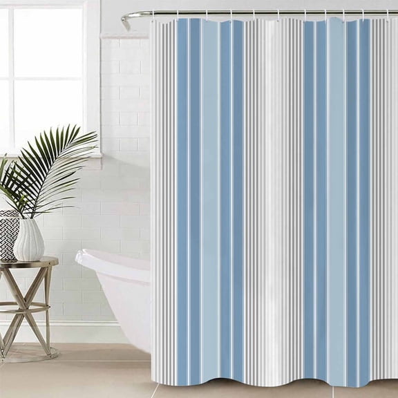 Blue Gray Stripes Shower Curtain Set, Waterproof Shower Curtains for Bathroom, Contemporary Minimalist Abstract Lines Washable Fabric Cloth Bath Curtain for Bathtub Decoration with Hooks 48x72 Inches