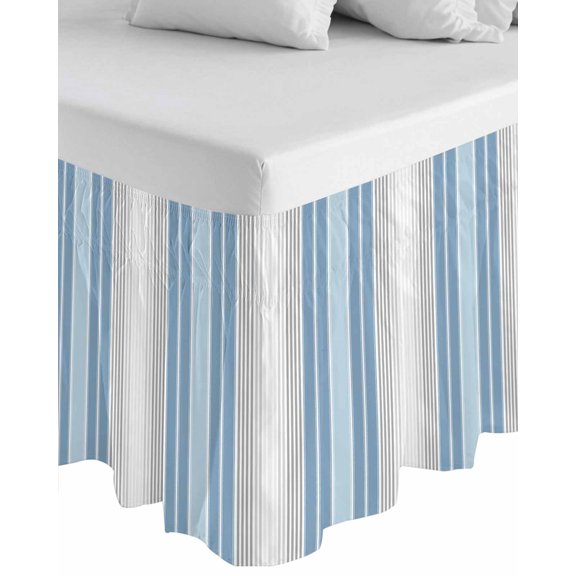 Blue Gray Stripes Wrap Around Bed Skirts for Queen Bed 16" Drop,Bed Skirt with Adjustable Elastic Belt Dust Ruffle Bed Valance for Bedroom Hotel Contemporary Minimalist Abstract Lines Bed Frame Cover