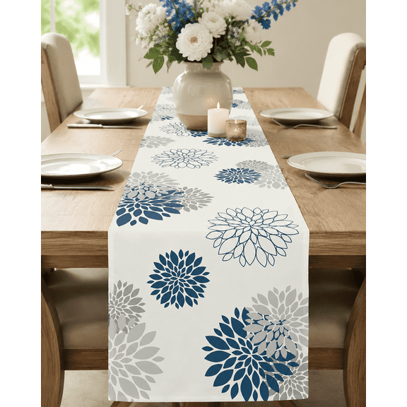 Blue Gray Table Runner with Dahlia Floral Pattern, Beige Farmhouse Geometric Decor for Dining Table, Party, Home & Entrance, 13x90 Inch Modern Pompon Style