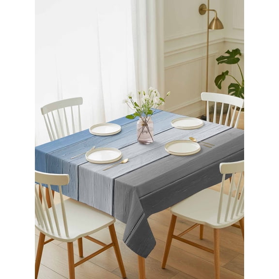 Blue Gray Tablecloth Rectangle Table Cloth 52x70, Waterproof Tablecloth Outdoor Table Cloth, Vintage Farmhouse Gradient Wooden Grain Art Washable Table Cover for Kitchen Dinning Party