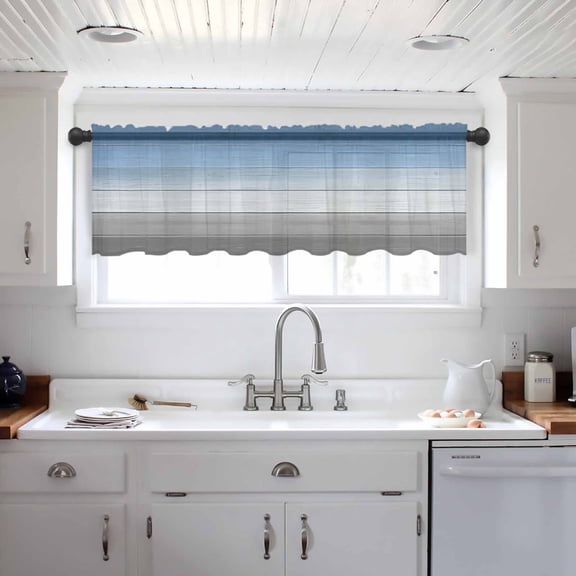 Blue Gray Valance Curtains for Kitchen/Living Room/Bathroom/Bedroom Window, Vintage Farmhouse Gradient Wooden Grain Art Rod Pocket Small Topper Half Short Window Curtains Voile Sheer Scarf 42"x18"