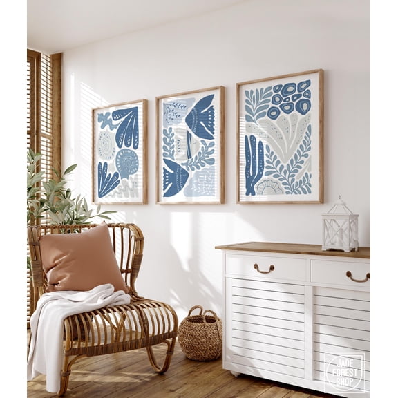 Blue Gray Wall Art Triptych Coastal Modern Art Prints for Beach Decor Set 3
