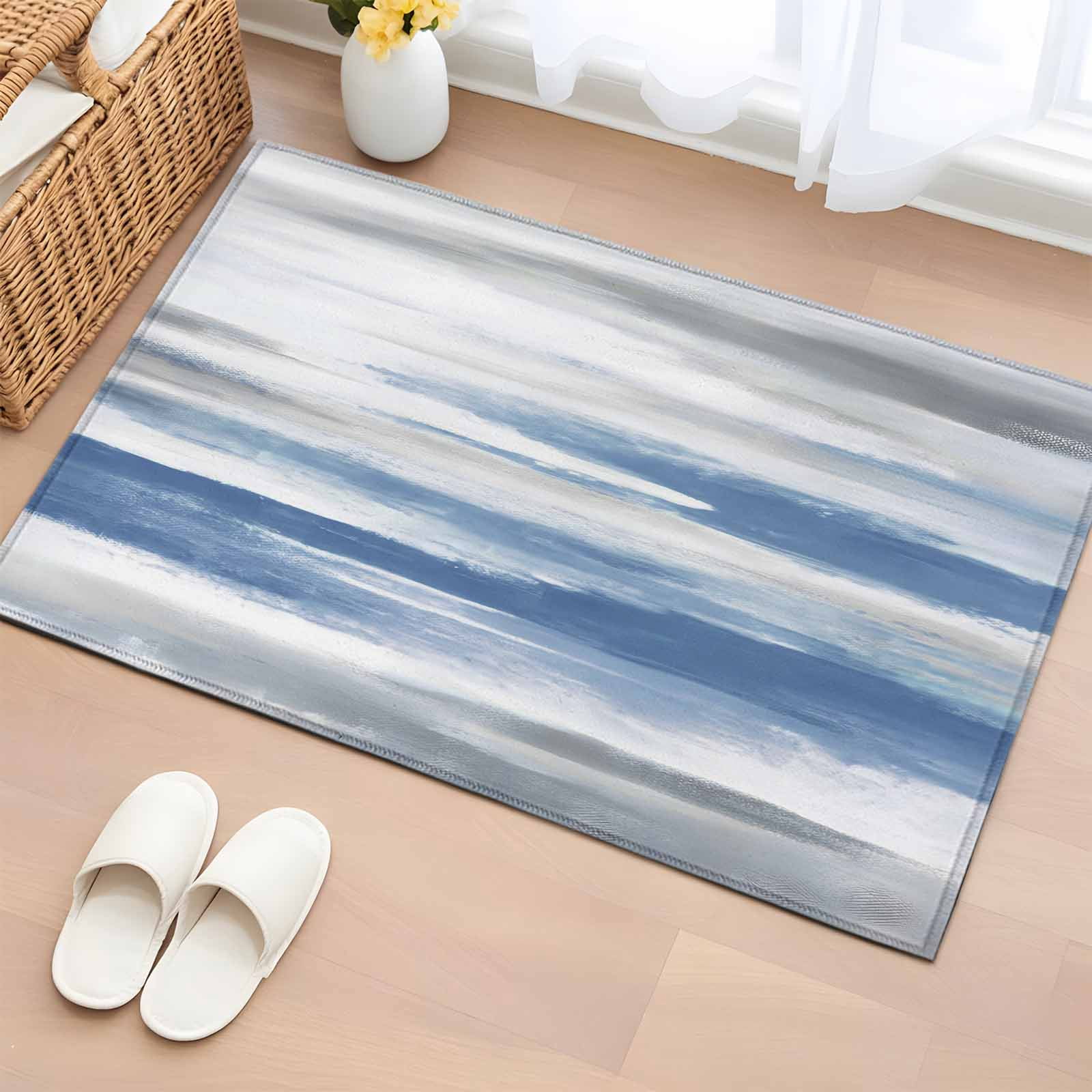 Blue Gray White Bathroom Rug Washable 2x3 Entryway Rug Non Slip Modern Abstract Mottled ...