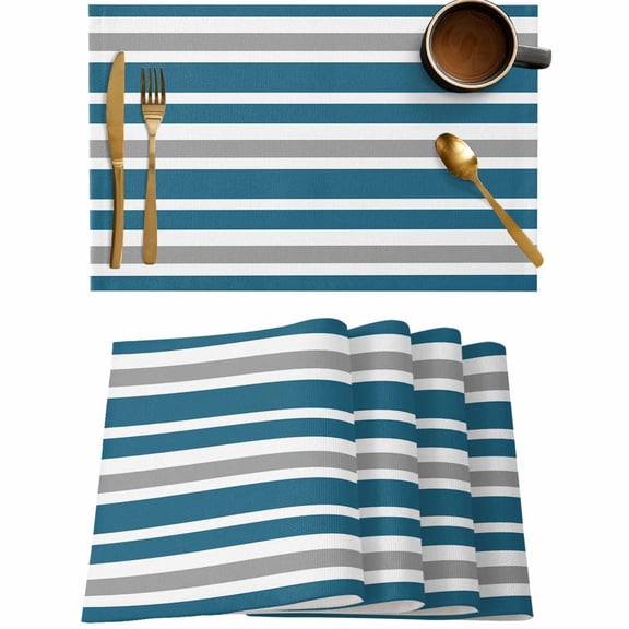 Blue Gray and White Stripe Placemats Set of 4,Wipeable Washable Table Mats for Dining Tables,Farm Pastoral Theme Place Mats for Kitchen Event Party Tabletop Decor