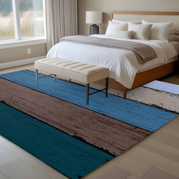Blue Gray Wood Grain 6x9 Rug for Dining Room Table and Chair Setup, Countryside Stripe Low Pile Washable Non Slip Rectangle Area Rug
