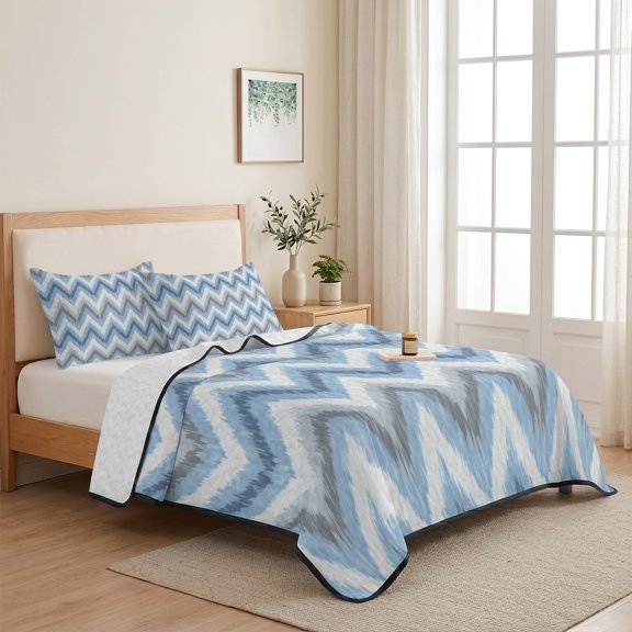 Blue Gray Zigzag Chevron 3 Pieces Quilt Set,1 Quilt with 2 Shams,Abstract Geometric Water Ripple Bedspread Soft Lightweight Bedding Coverlet Comforter Set for All Season 68"x98"