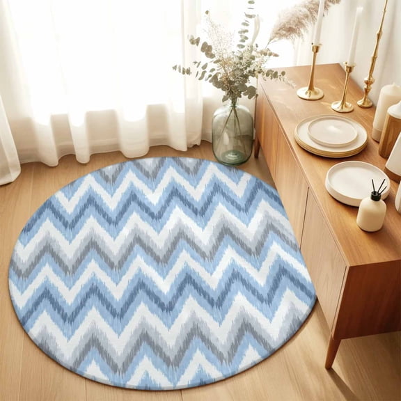 Blue Gray Zigzag Chevron Round Area Rug 3ft,Living Room Rug Non-Slip Washable Circle Rugs Pad,Abstract Geometric Water Ripple Soft Floor Carpet for Bedroom Dining Room