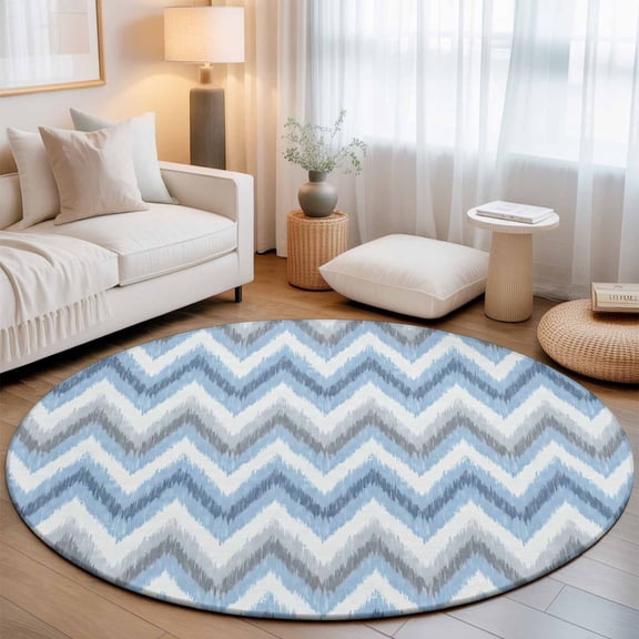 Blue Gray Zigzag Chevron Round Rug 5ft Abstract Geometric Water Ripple Washable Area Rugs for Living Room Bedroom Entryway Non Slip Entrance Door Mat Indoor Floor Carpet