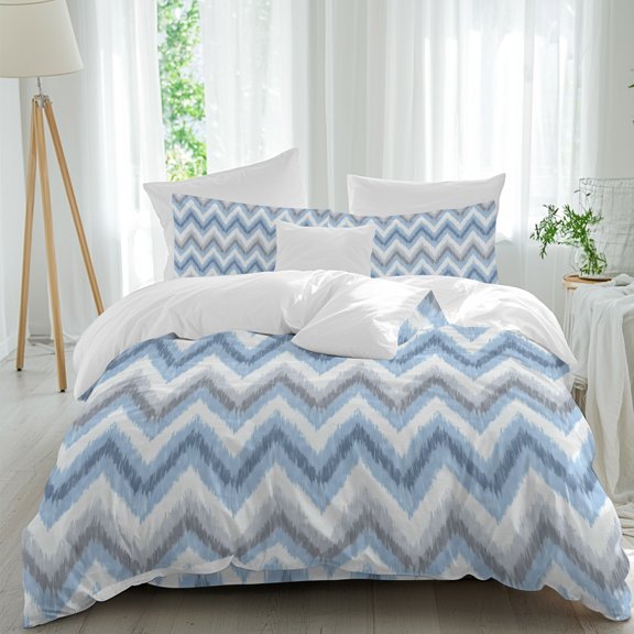 Blue Gray Zigzag Chevron Soft Breathable Bedding Set with Pillow Shams Flat Sheet, Abstract Geometric Water Ripple Bed Comforter Cover Sets