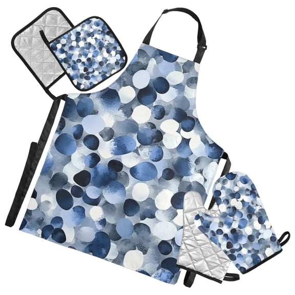 Blue Gray and White Dots Oven Mitts and Pot Holders with Chef Apron Set 5 Pcs Kitchen Cooking Set