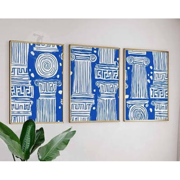 Blue Greek Column Print Set, Classical Architecture Wall Art Trio, Poster Only