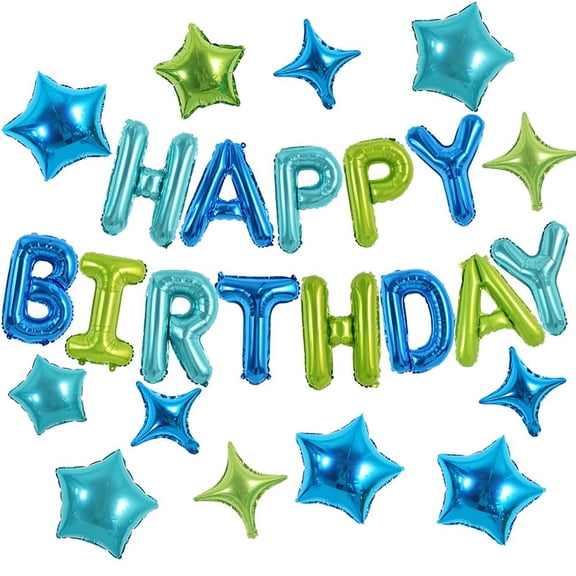 Blue Green 16 Inch Happy Birthday Balloons Banner Set Foil Letters Decorations